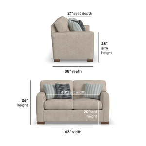 Detail image of Bryant Shell Loveseat with overlay of product dimensions
