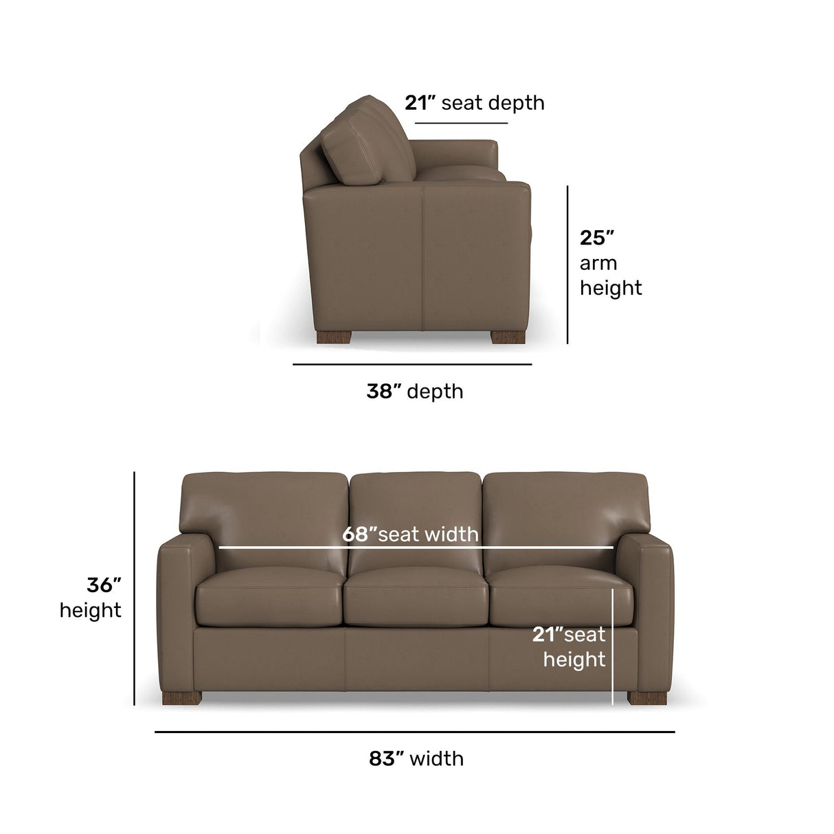 Detail image of Bryant Dark Stone Leather Sofa with overlay of product dimensions