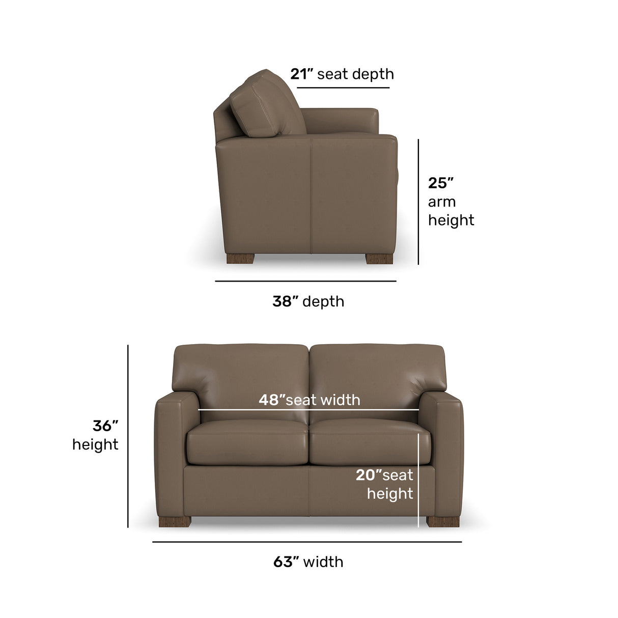 Detail image of Bryant Dark Stone Leather Loveseat with overlay of product dimensions