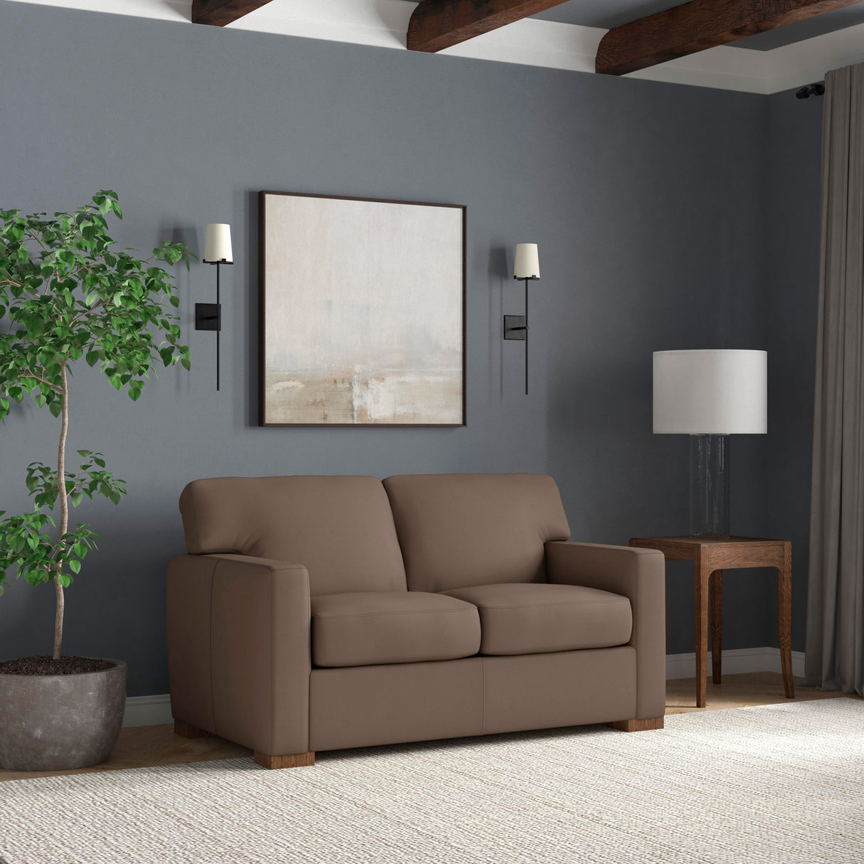 A room setting featuring Bryant Dark Stone Leather Loveseat