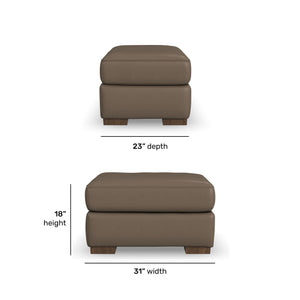 Detail image of Bryant Dark Stone Leather Ottoman with overlay of product dimensions