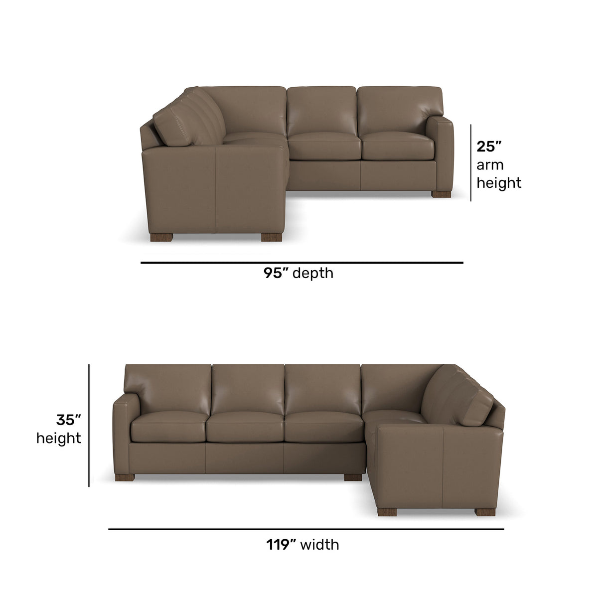 Detail image of Bryant Dark Stone Leather 2 Piece Left Sofa Sectional with overlay of product dimensions