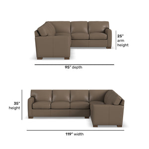 Detail image of Bryant Dark Stone Leather 2 Piece Left Sofa Sectional with overlay of product dimensions