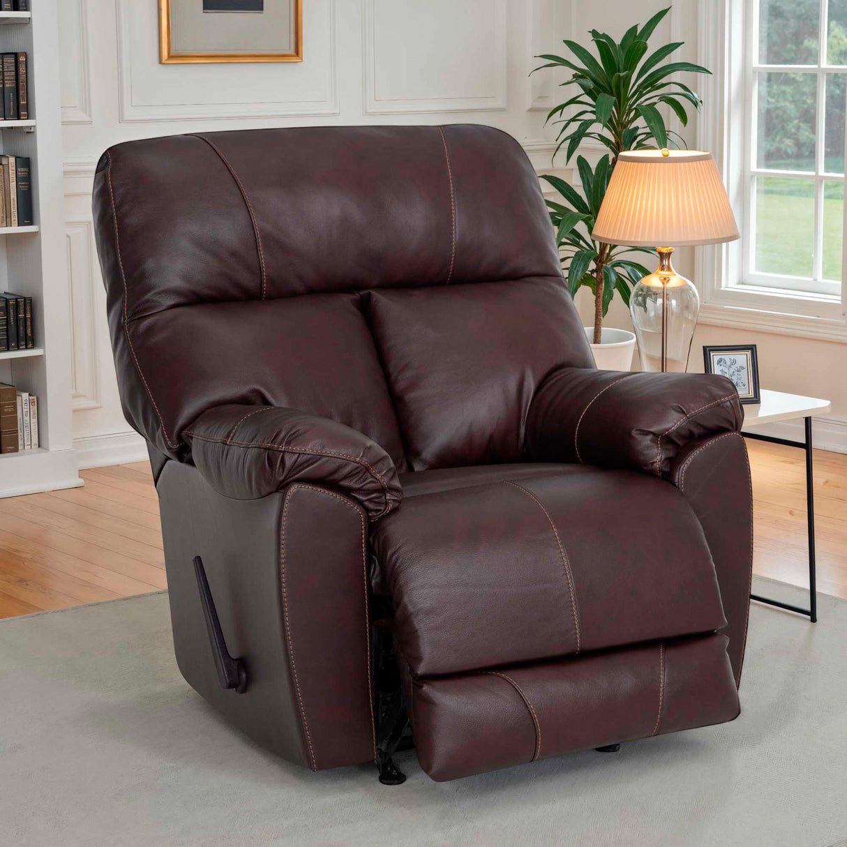 A room setting featuring Kodiak Coffee Leather Rocking Recliner