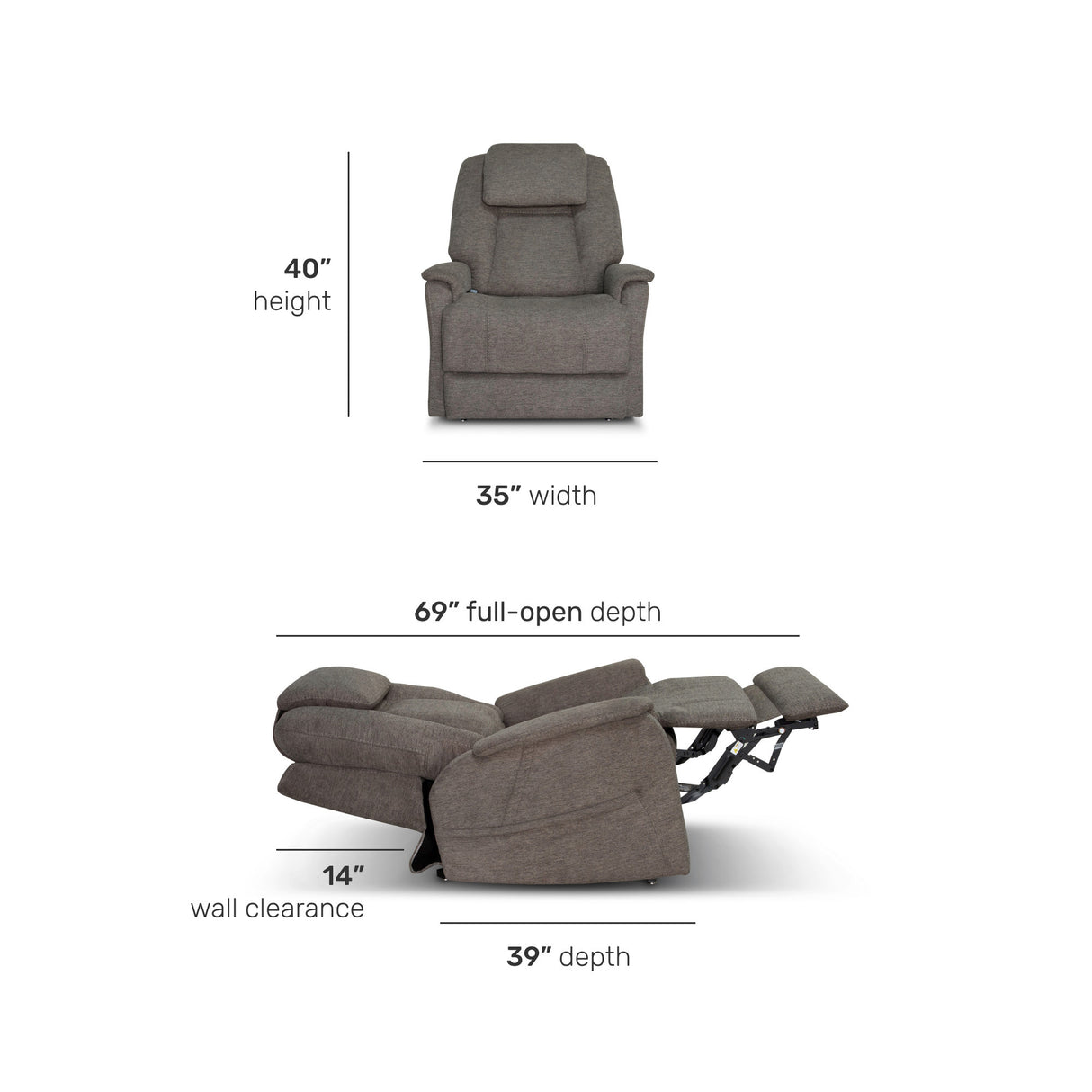 Detail image of Zecliner Umber Model 3+ Petite Lift Recliner with overlay of product dimensions