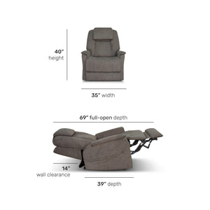 Detail image of Zecliner Umber Model 3+ Petite Lift Recliner with overlay of product dimensions