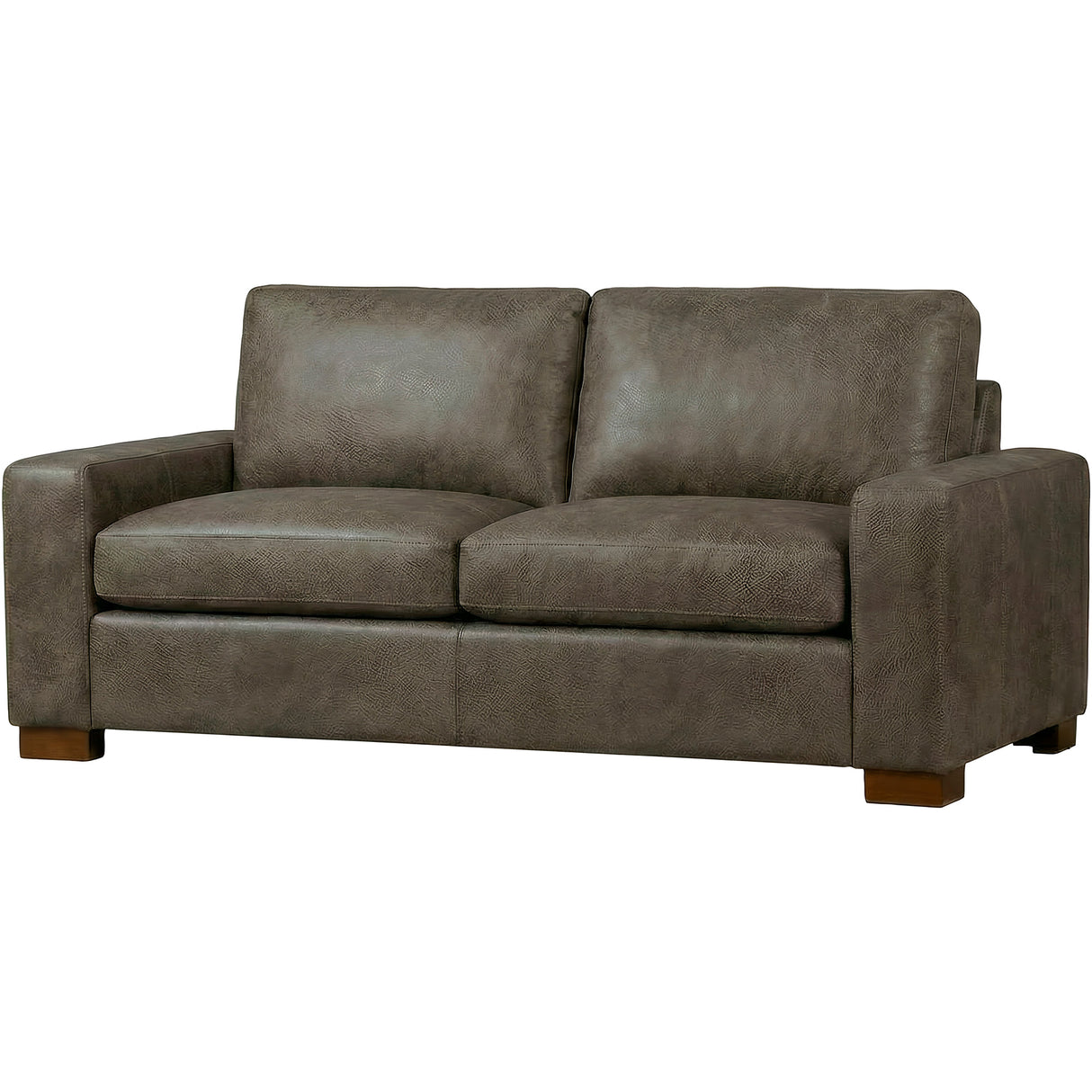 Front right view of Juno Gray Feather Blend Leather Loveseat