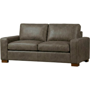 Front right view of Juno Gray Feather Blend Leather Loveseat