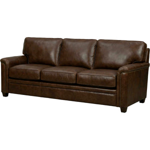 Front right view of Warren Chocolate Feather Blend Leather Nail Head Sofa