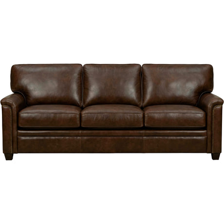 Warren Chocolate Feather Blend Leather Nail Head Sofa QK1104315