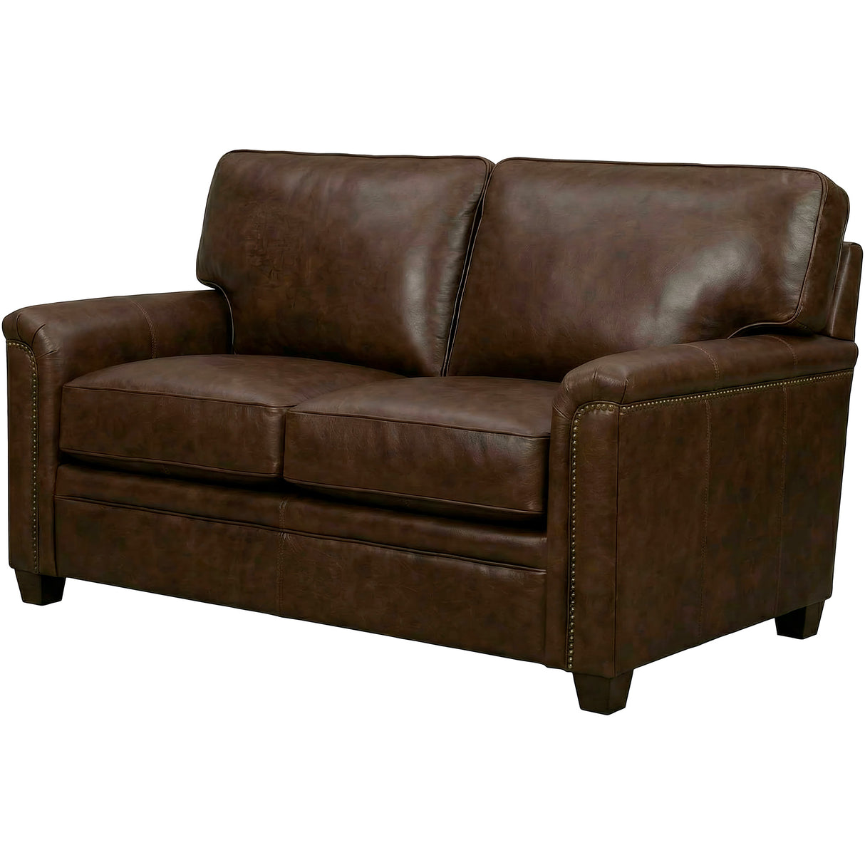 Front right view of Warren Chocolate Feather Blend Leather Nail Head Loveseat