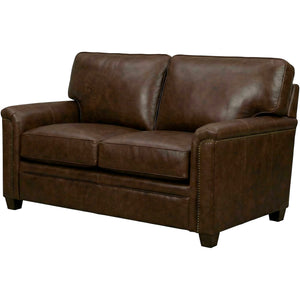 Front right view of Warren Chocolate Feather Blend Leather Nail Head Loveseat