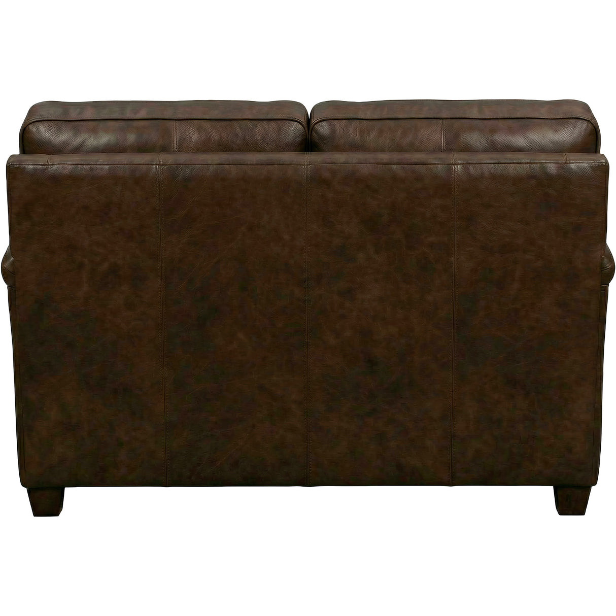 Back view of Warren Chocolate Feather Blend Leather Nail Head Loveseat