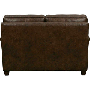 Back view of Warren Chocolate Feather Blend Leather Nail Head Loveseat