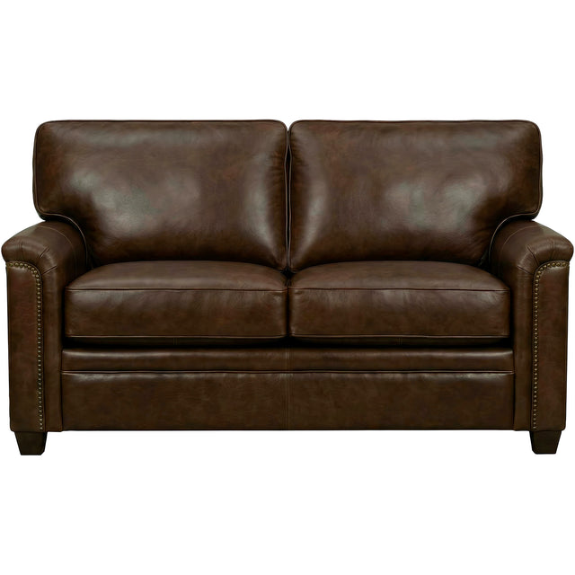 Warren Chocolate Feather Blend Leather Nail Head Loveseat QK1104316