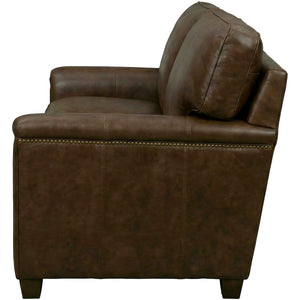 Side view of Warren Chocolate Feather Blend Leather Nail Head Loveseat