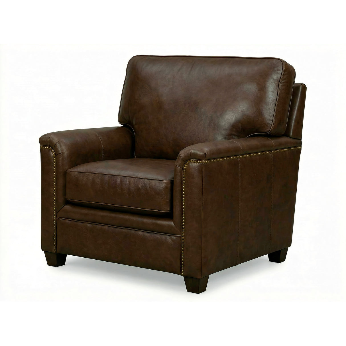 Front right view of Warren Chocolate Feather Blend Leather Nail Head Chair