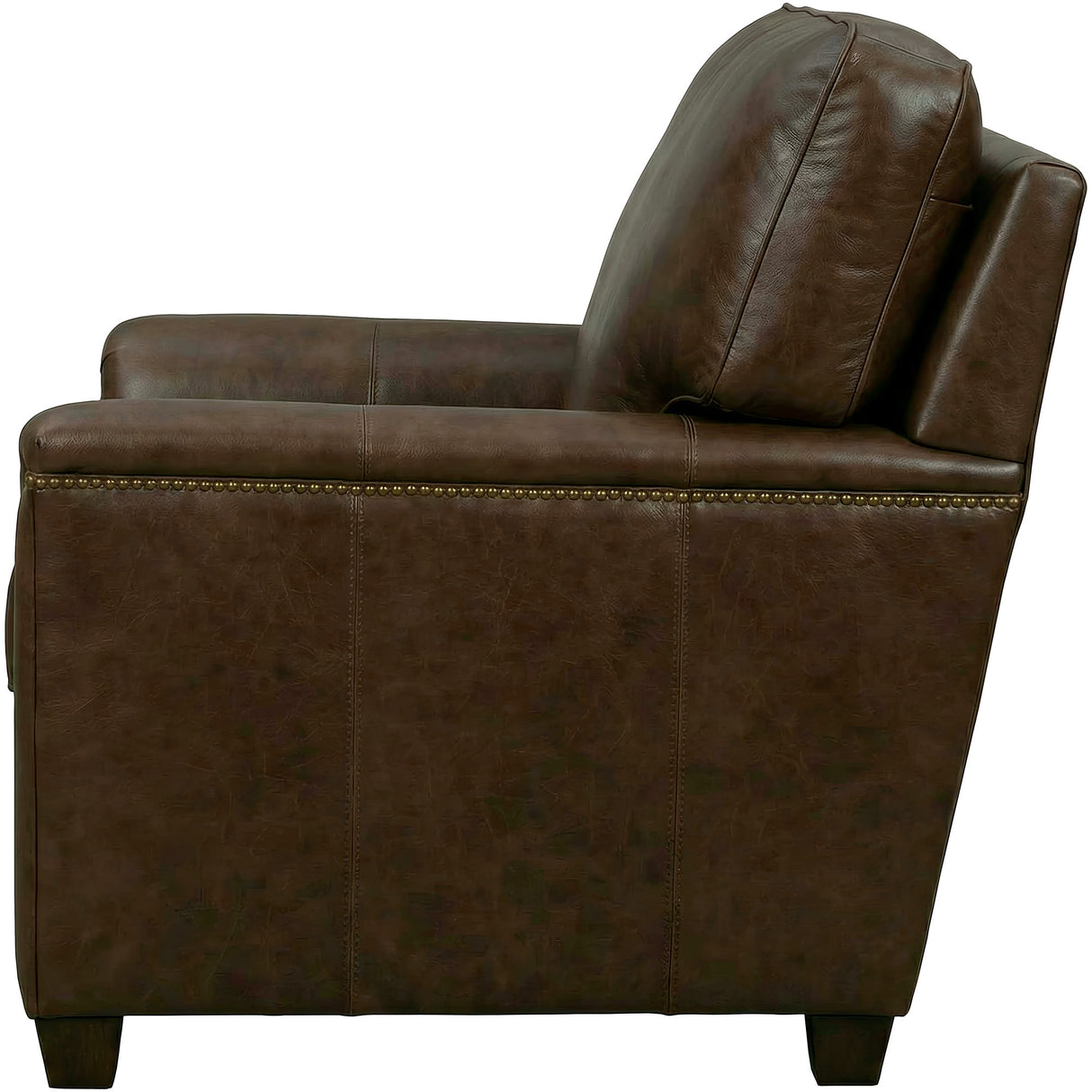 Side view of Warren Chocolate Feather Blend Leather Nail Head Chair