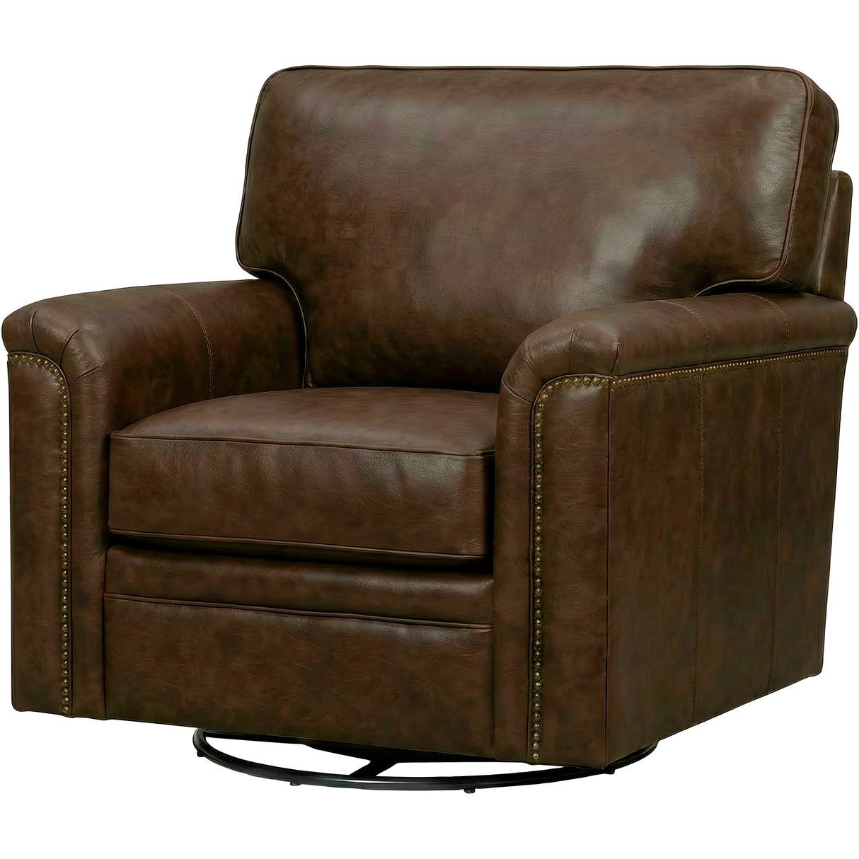 Front right view of Warren Chocolate Feather Blend Leather Nail Head Swivel Chair