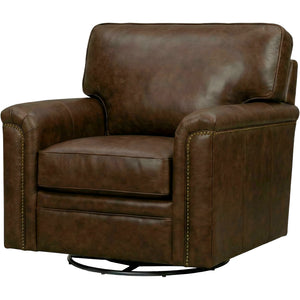 Front right view of Warren Chocolate Feather Blend Leather Nail Head Swivel Chair