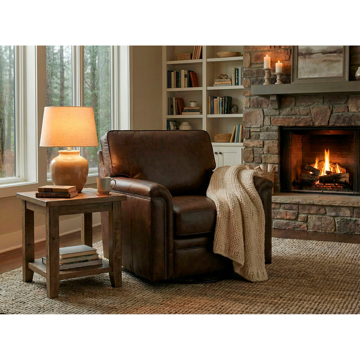 A room setting featuring Warren Chocolate Feather Blend Leather Nail Head Swivel Chair