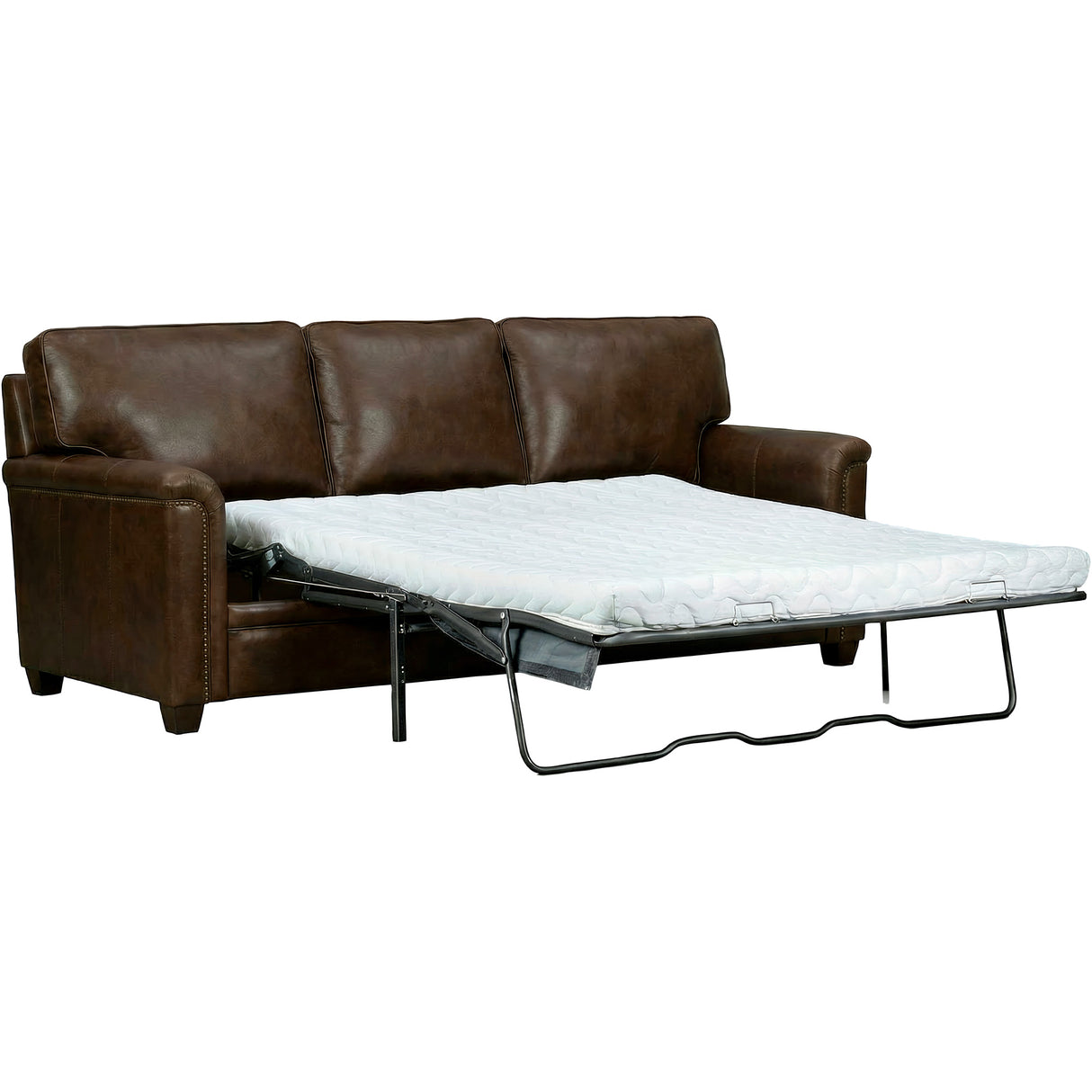 Detail view of Warren Chocolate Feather Blend Leather Nail Head Queen Sofa Sleeper