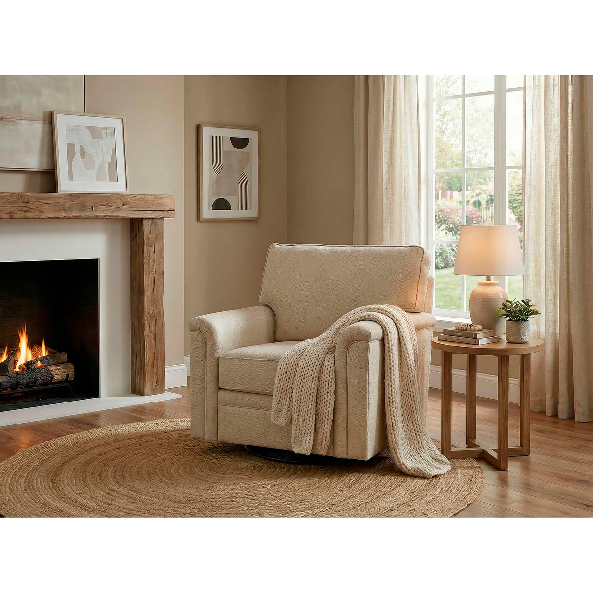 A room setting featuring Warren Twine Feather Blend Swivel Chair