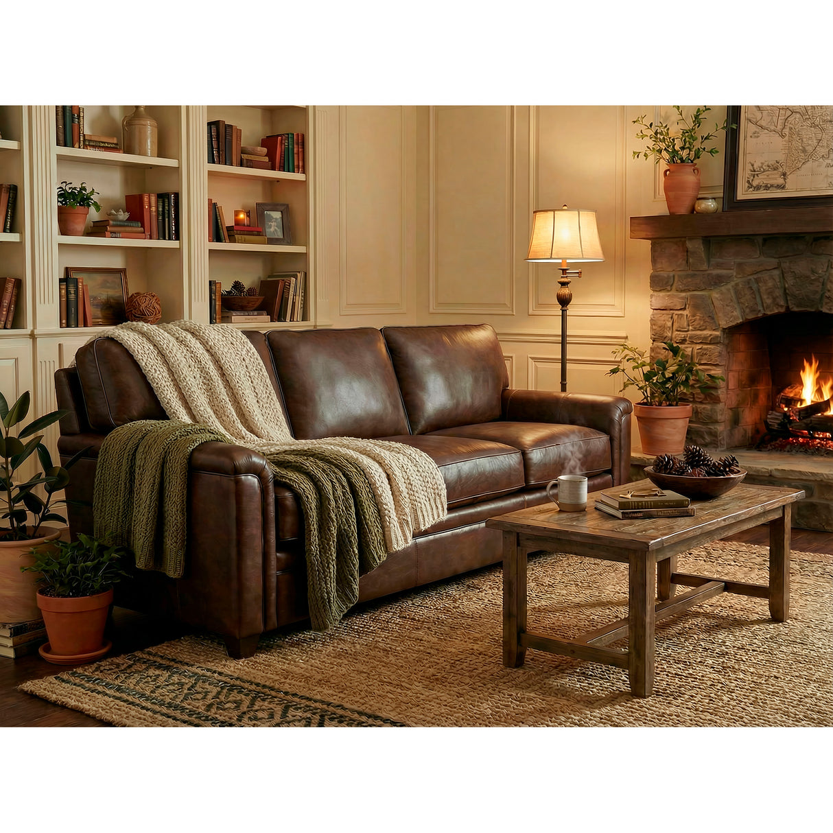 A room setting featuring Warren Chocolate Feather Blend Leather Sofa
