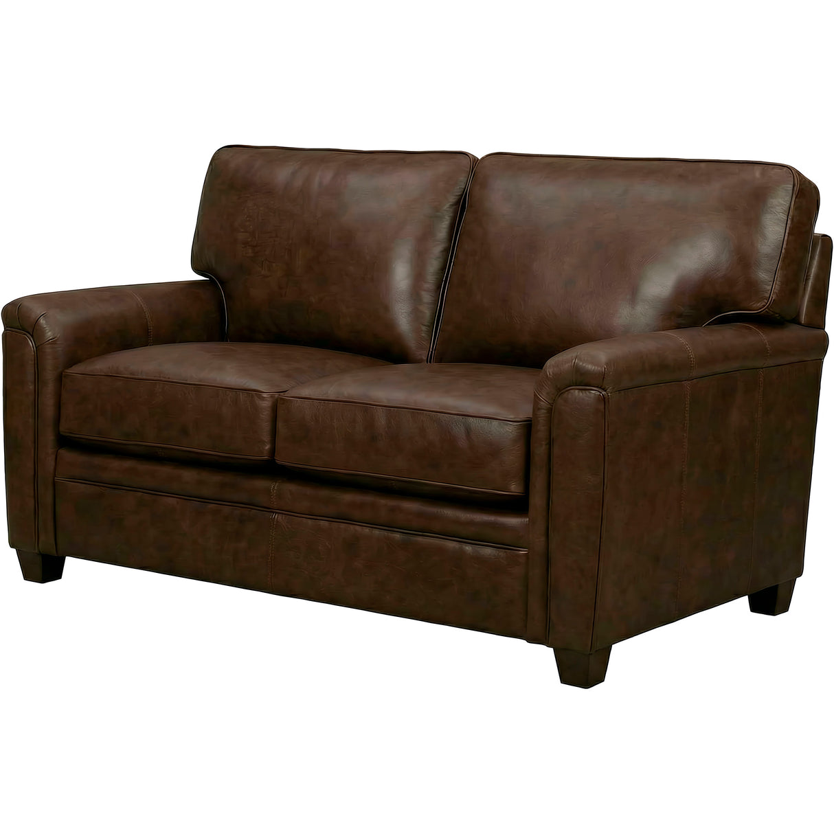 Front right view of Warren Chocolate Feather Blend Leather Loveseat