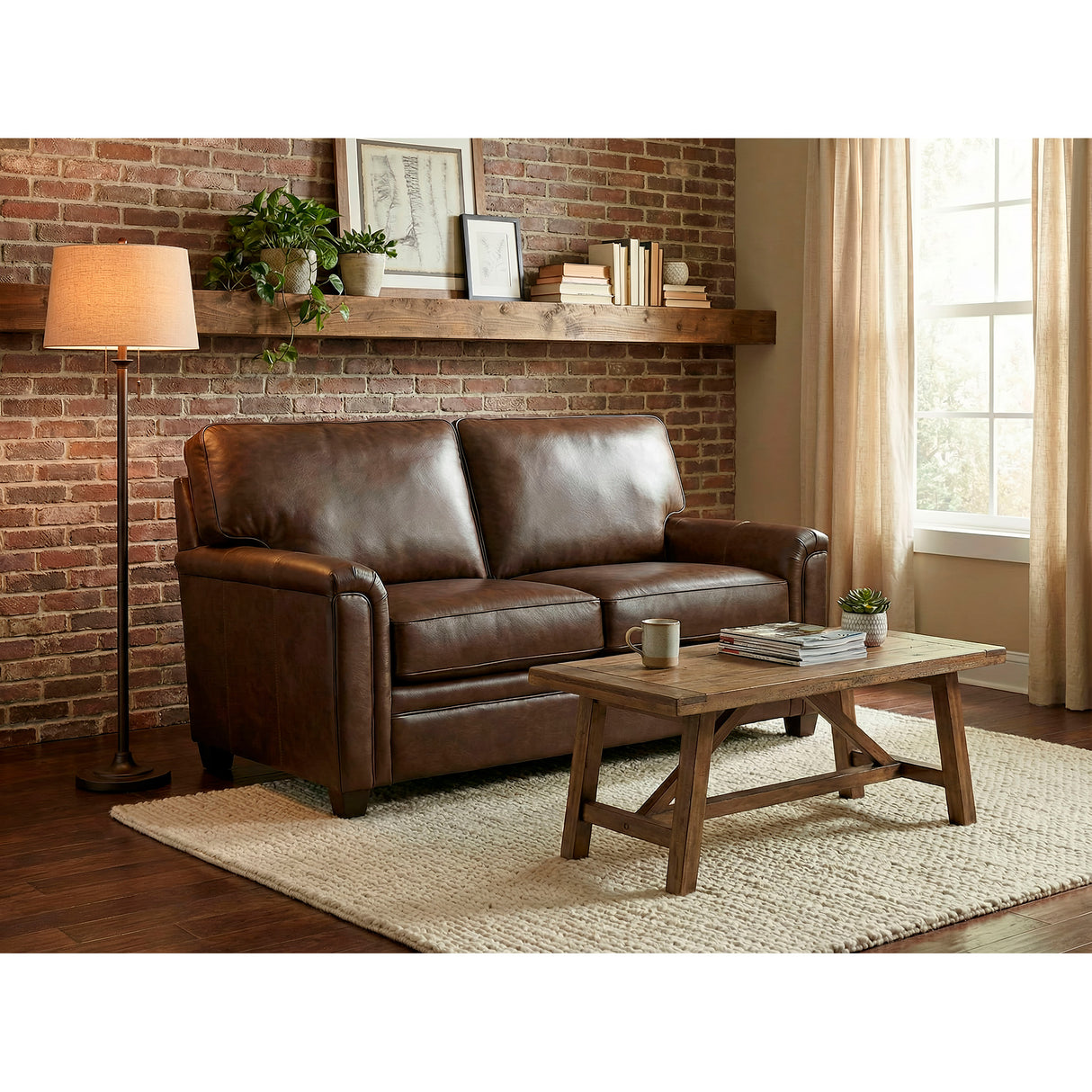 A room setting featuring Warren Chocolate Feather Blend Leather Loveseat