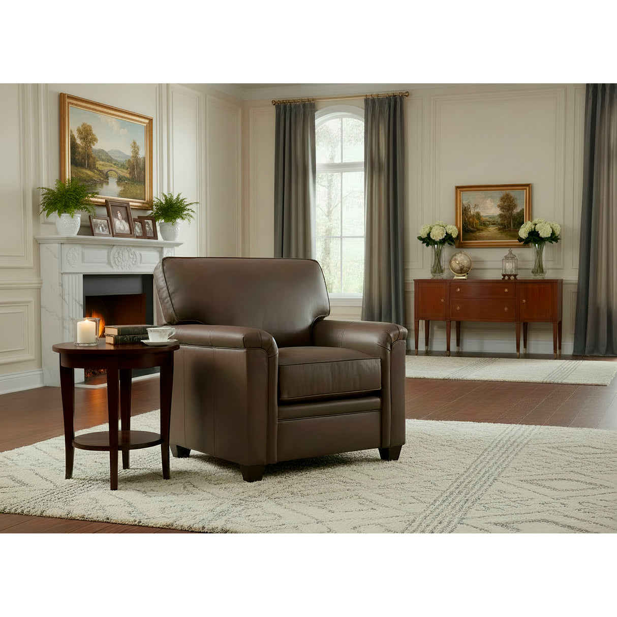 A room setting featuring Warren Chocolate Feather Blend Leather Chair