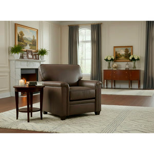 A room setting featuring Warren Chocolate Feather Blend Leather Chair