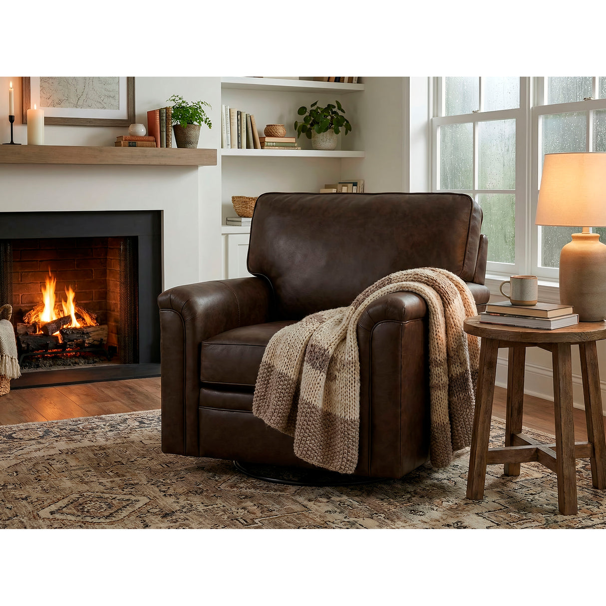 A room setting featuring Warren Chocolate Feather Blend Leather Swivel Chair