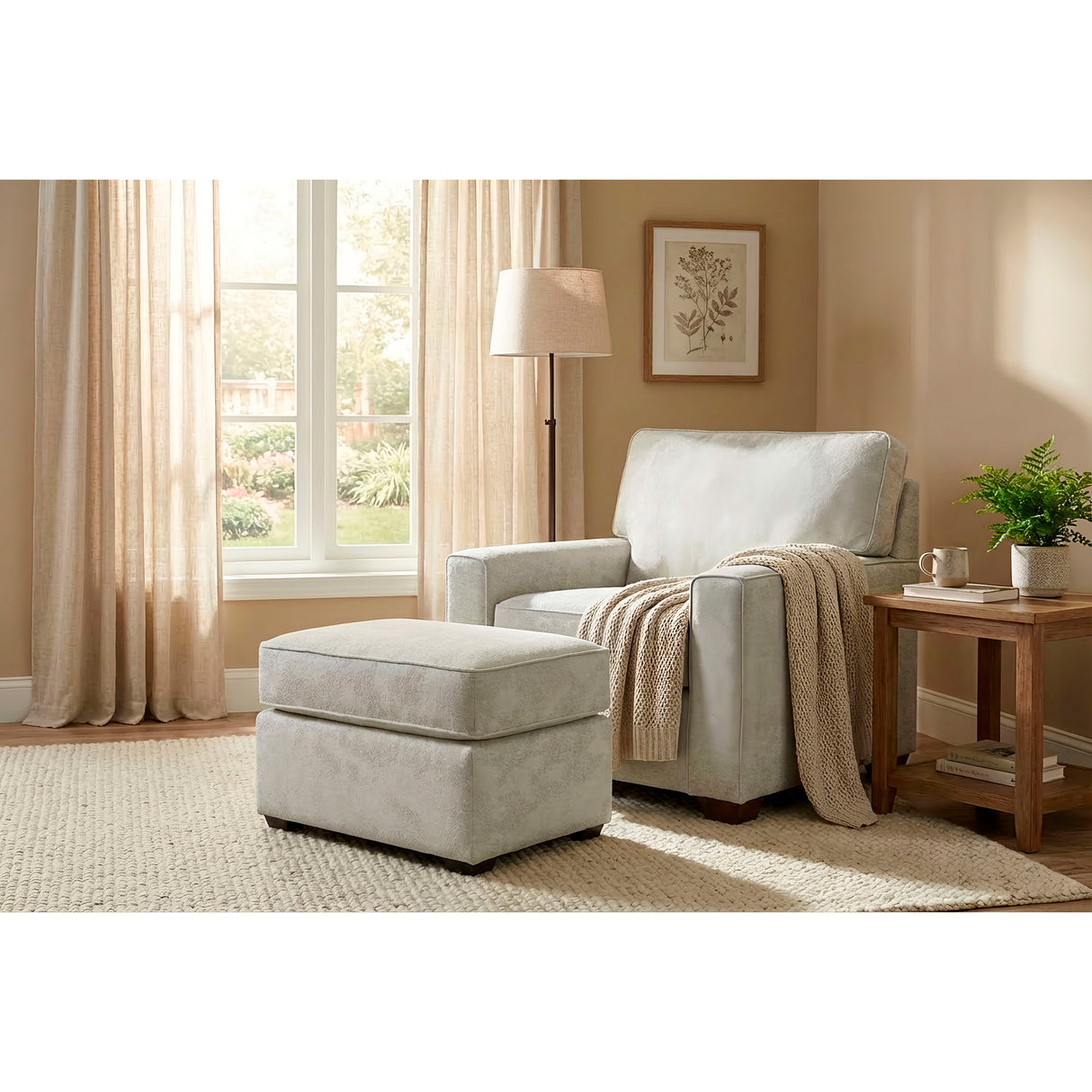 A room setting featuring Merritt Sterling Ottoman