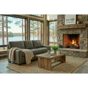 A room setting featuring Merritt Carbone Feather Blend Leather Queen Sofa Sleeper