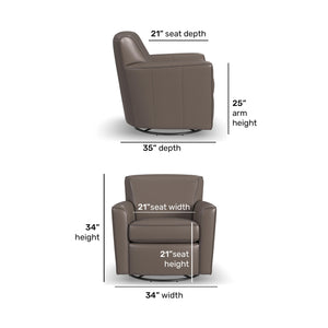 Detail image of Kingman Dark Stone Leather Swivel Glider with overlay of product dimensions