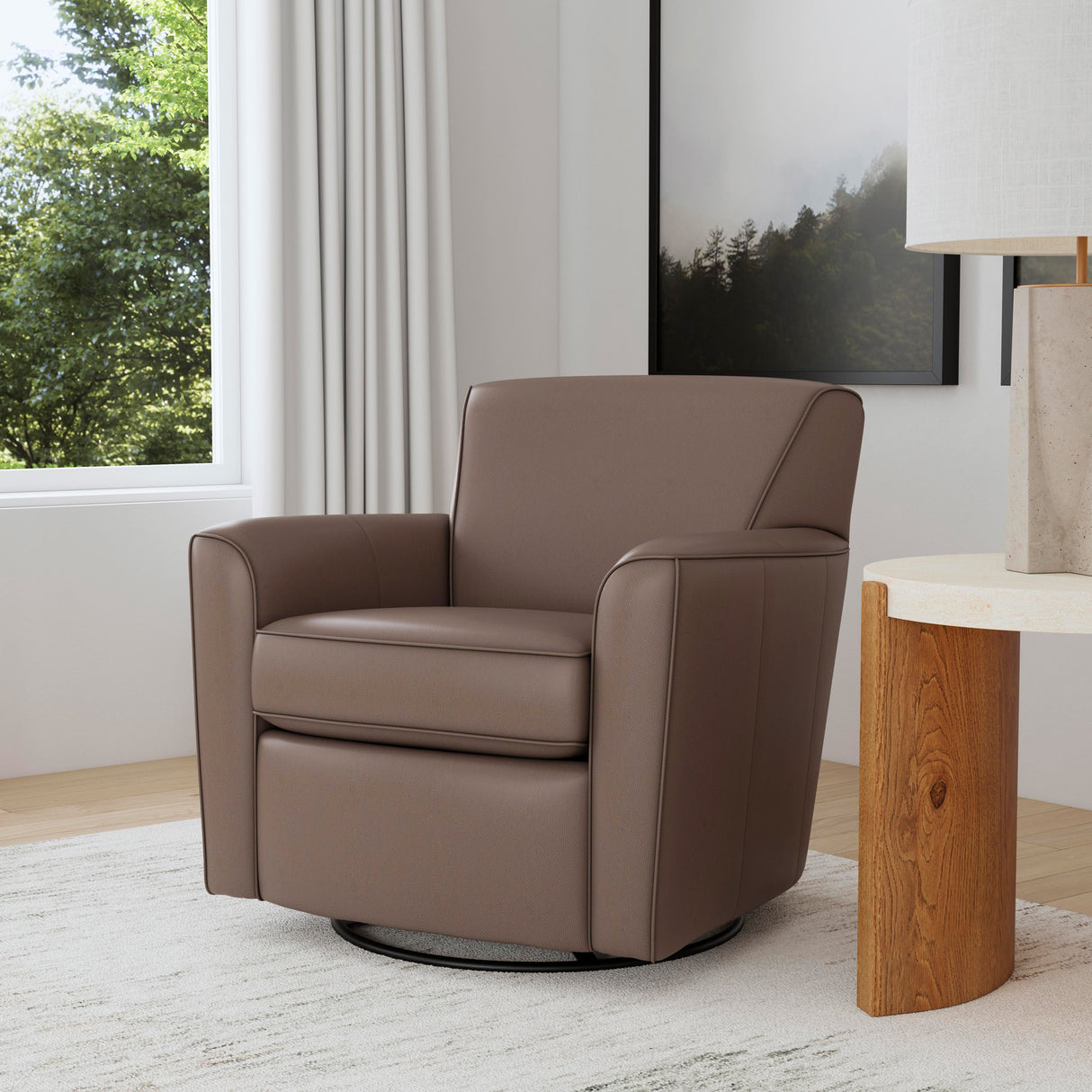 A room setting featuring Kingman Dark Stone Leather Swivel Glider