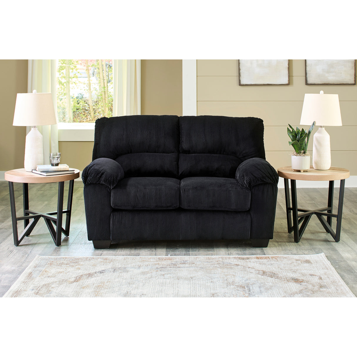 A room setting featuring SimpleJoy Onyx Loveseat