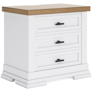 White dresser with three drawers and a wooden top on a white background