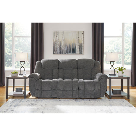 A room setting featuring Foreside Charcoal Reclining Sofa