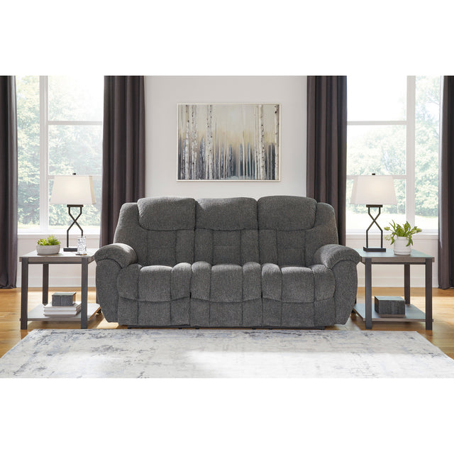 A room setting featuring Foreside Charcoal Reclining Sofa