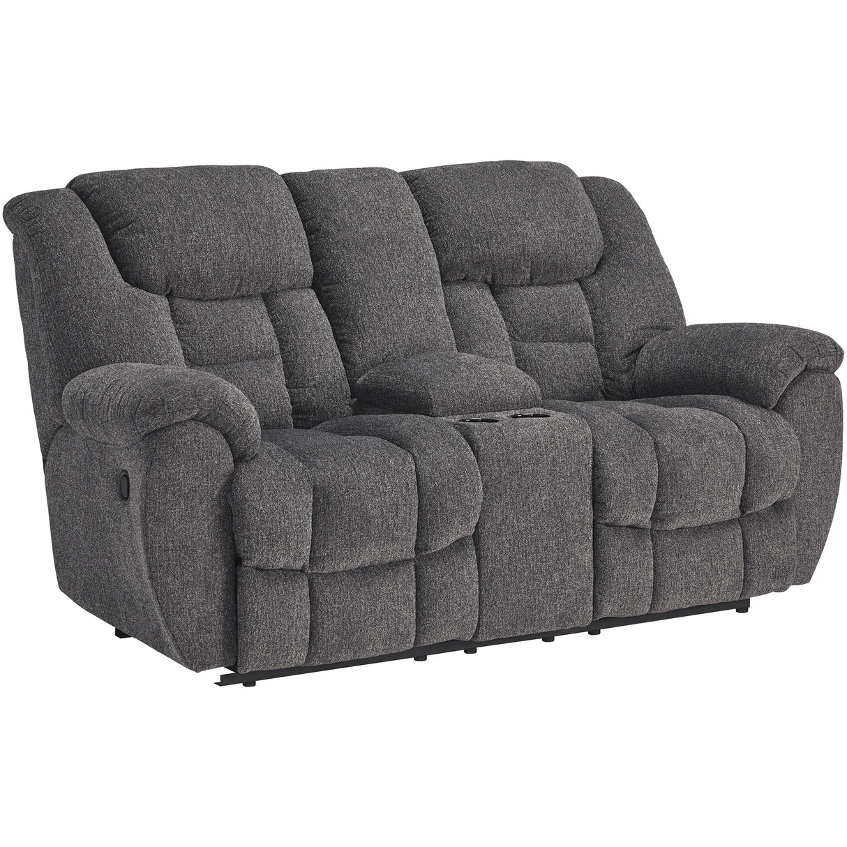 Front right view of Foreside Charcoal Reclining Console Loveseat