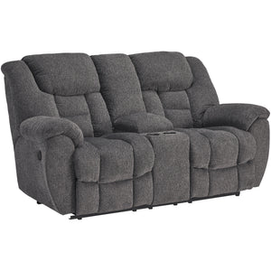 Front right view of Foreside Charcoal Reclining Console Loveseat