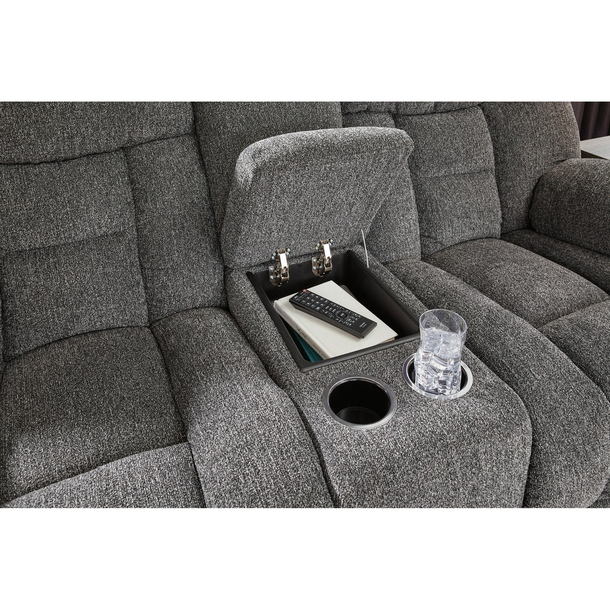 Detail view of Foreside Charcoal Reclining Console Loveseat