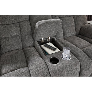 Detail view of Foreside Charcoal Reclining Console Loveseat