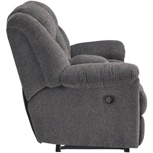 Side view of Foreside Charcoal Reclining Console Loveseat