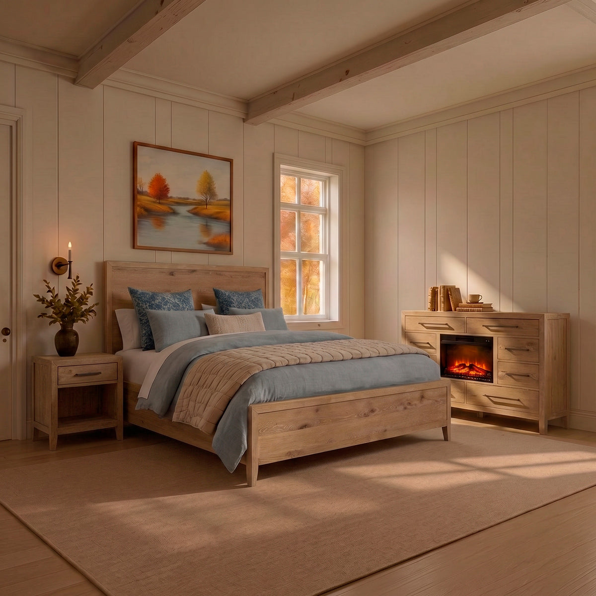 Room setting 2 featuring Norwich Rustic Antique Oak King 4 Piece Panel Room Group