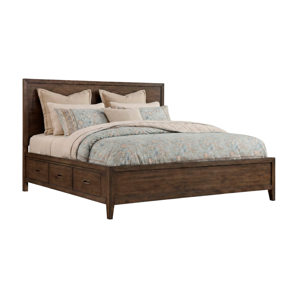 Front right view of Norwich Rustic Driftwood Oak King Storage Bed