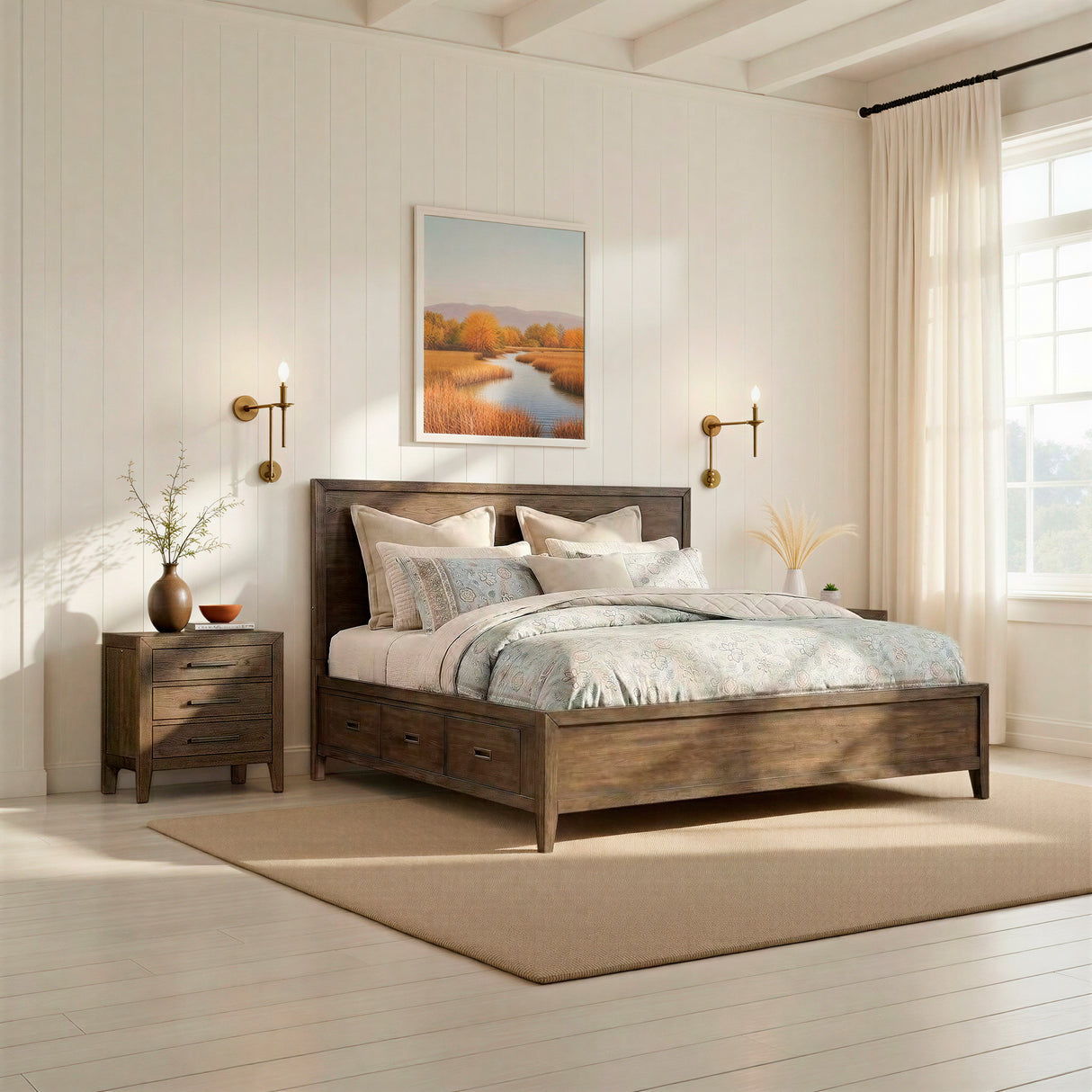 A room setting featuring Norwich Rustic Driftwood Oak King Storage Bed