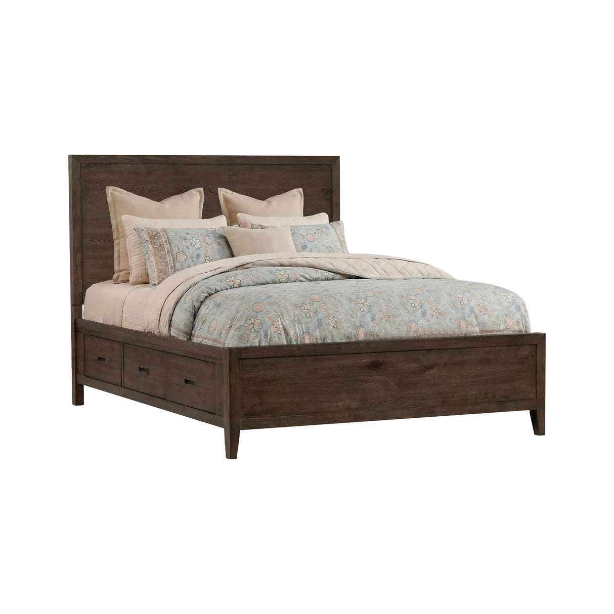 Front right view of Norwich Rustic Driftwood Oak Queen Storage Bed